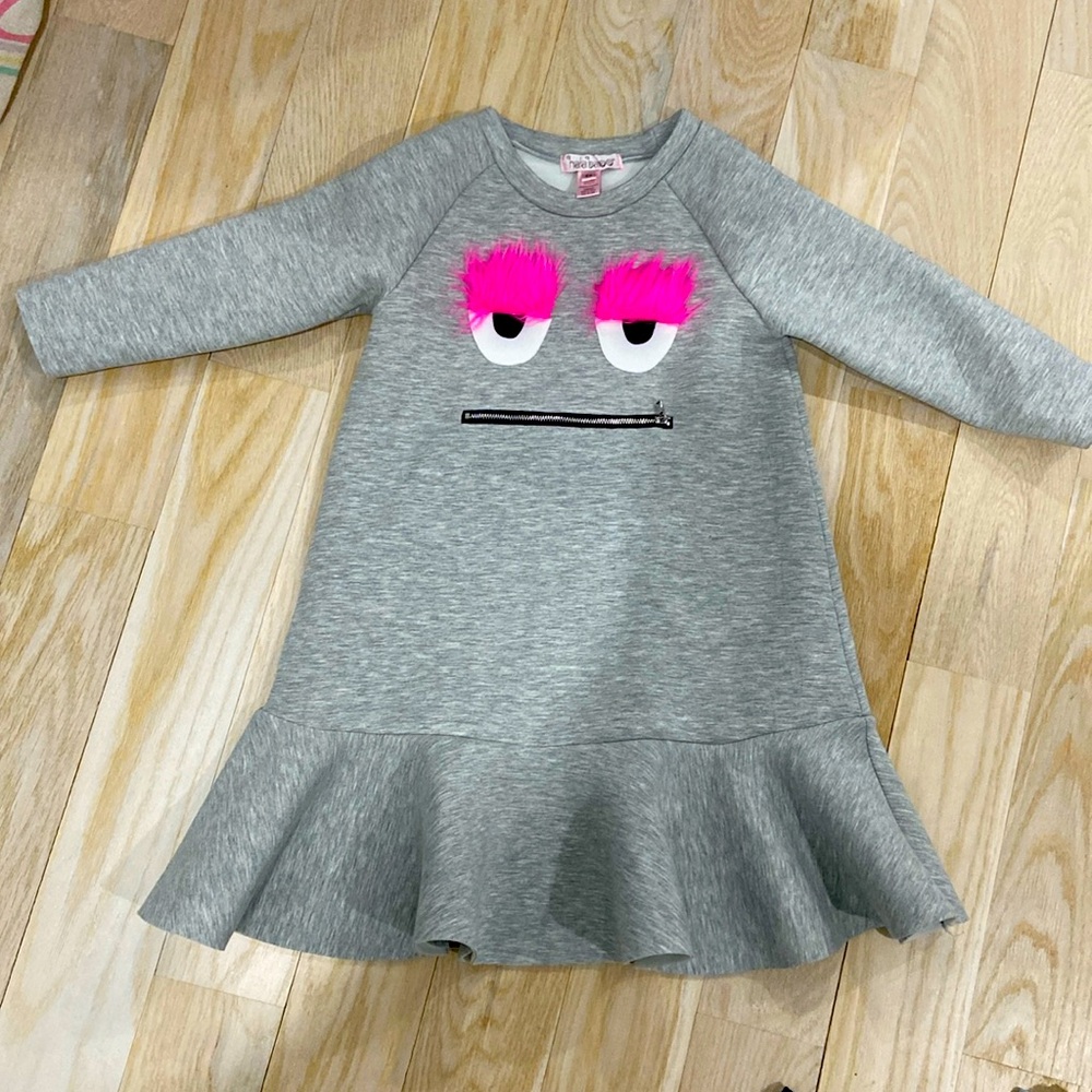 Long Sleeve Little Girls Halabaloo Furry Monster Dress Grey size 6x